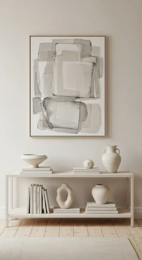 6 Calm & Chic Neutral Living Room Design Ideas Living room with neutral-toned artwork and decor pieces