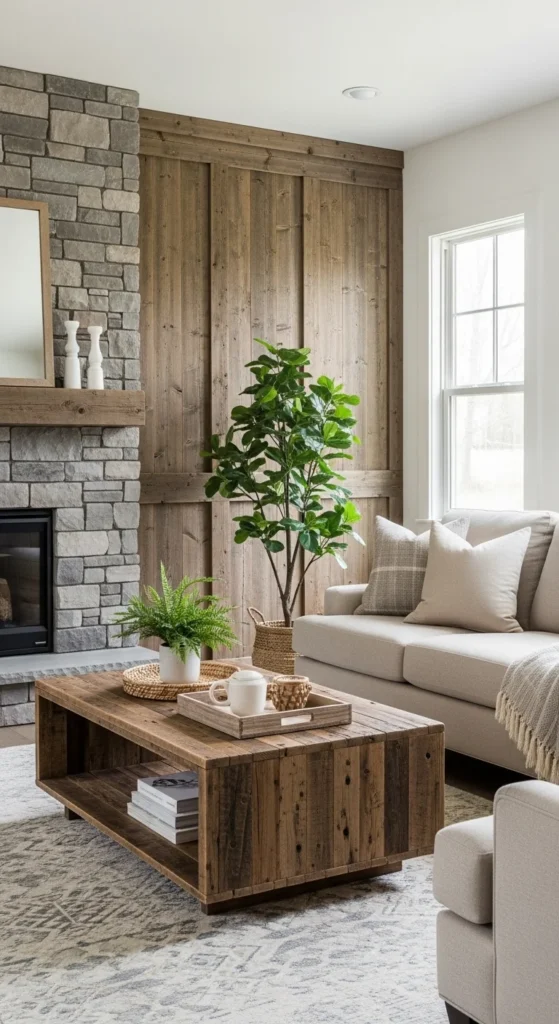 8 Inspiring Earthy Living Room Ideas for a Calm Haven Living room with reclaimed wood and stone accents