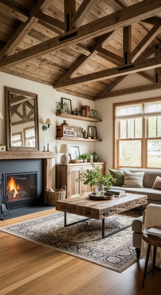 8 Rustic Living Room Ideas That You'll Love Living room with reclaimed wood beams and furniture