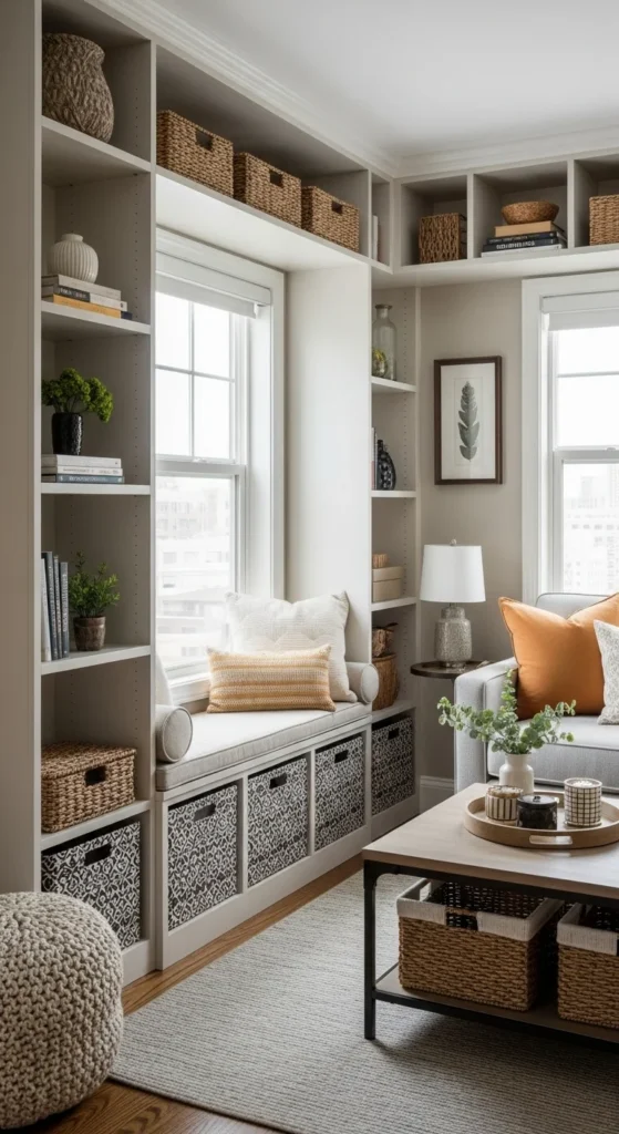 8 Small Apartment Living Room Ideas Living room with smart storage like built-in shelves and baskets