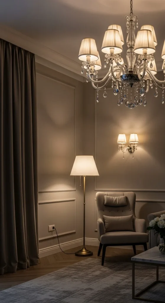 Top 7 Ideas for Living Room Interior Design Living room with statement lighting including chandelier and floor lamps