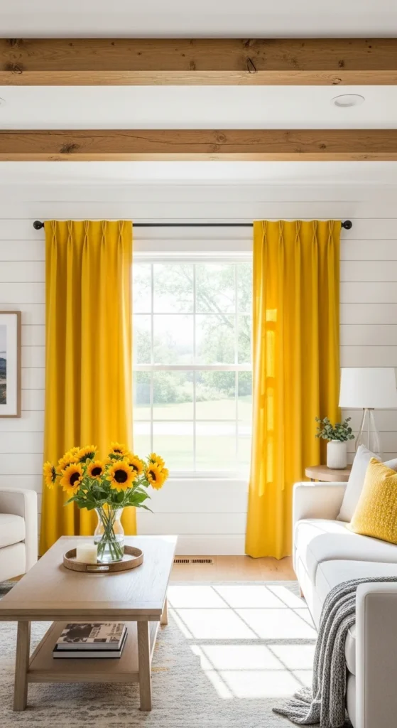 7 Vibrant Living Room Colors for Farmhouse Charm Living room with sunflower yellow accents and rustic farmhouse decor