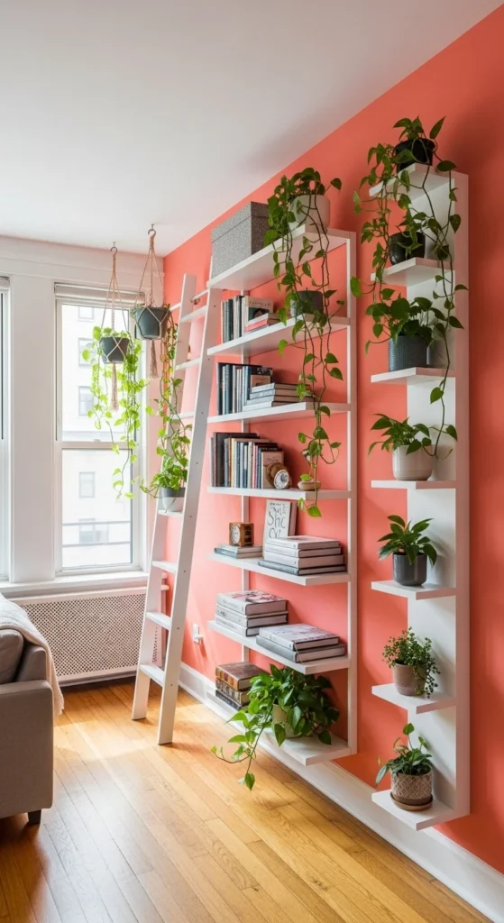 8 Small Apartment Living Room Ideas Living room with tall floating shelves and vertical storage