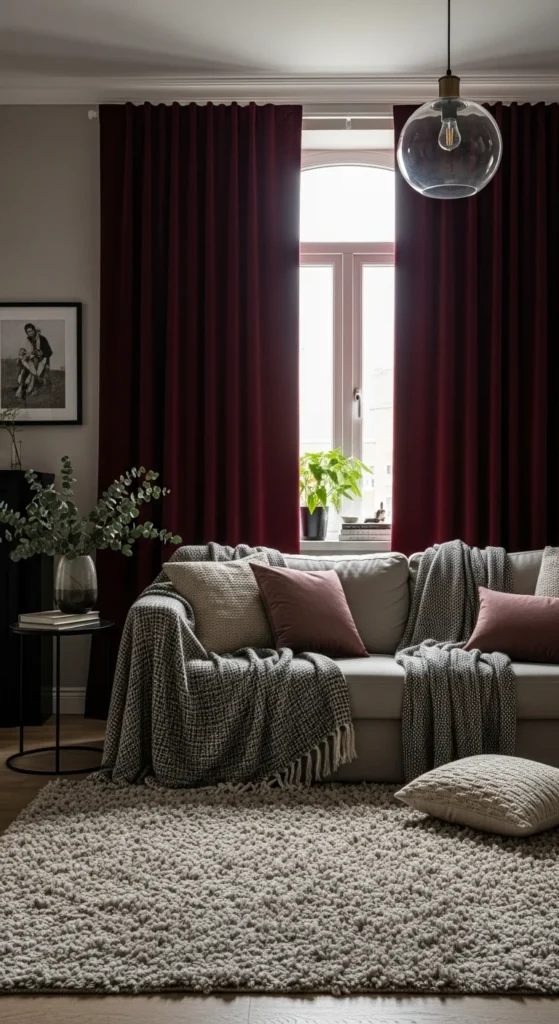 8 Moody Living Rooms That Feel Like a Cozy Retreat Living room with thick curtains and plush rug for added warmth