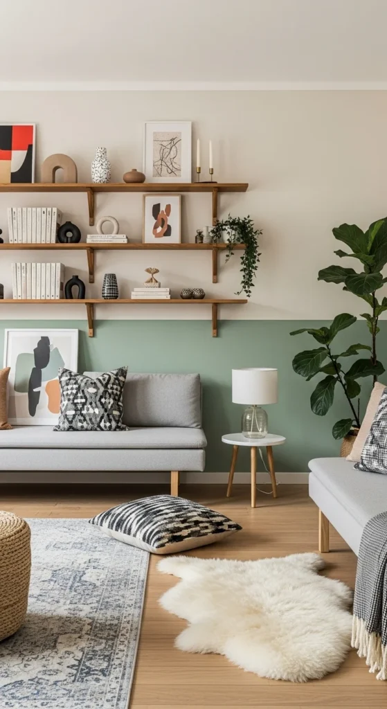 7 Beautiful Living Room Paint Ideas Living room with two-tone walls in soft green and cream for added depth