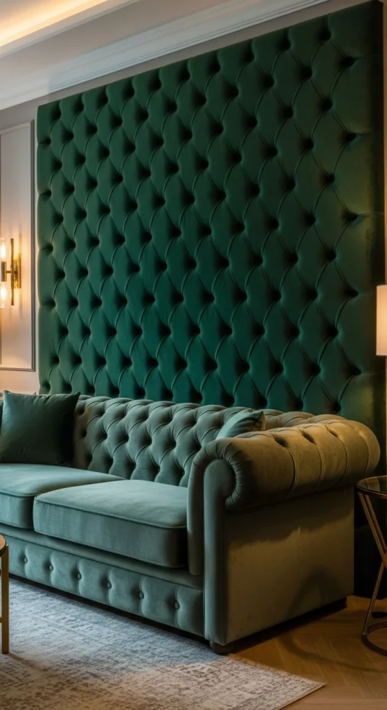 Living room with velvet-upholstered accent wall