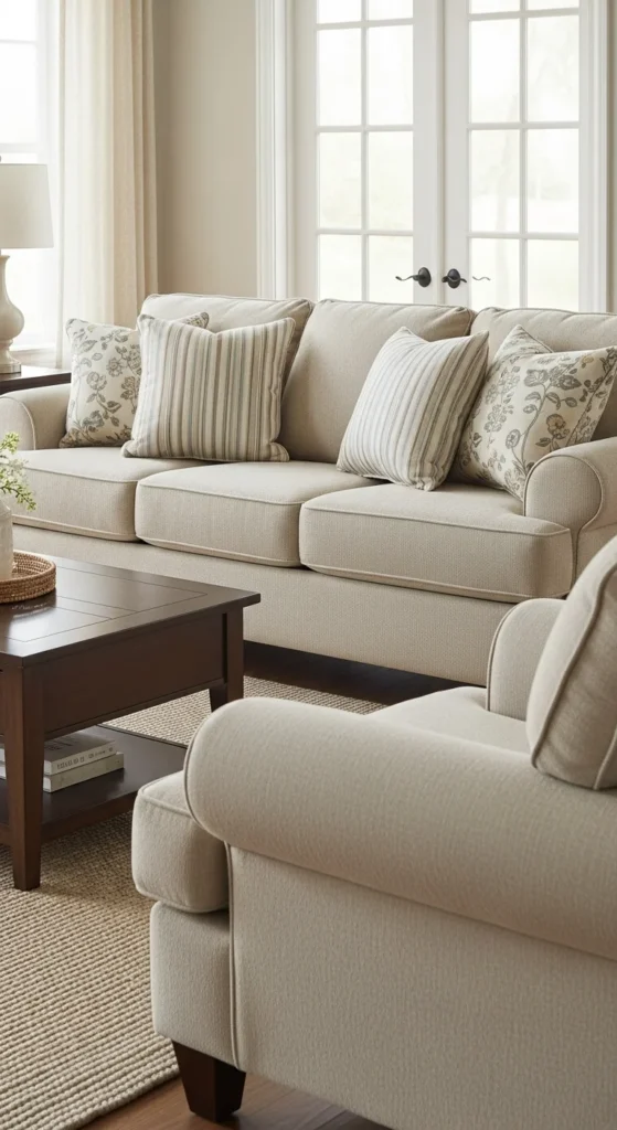 7 Beige Living Room Ideas That Are Calm and Cozy Living room with versatile beige upholstered furniture