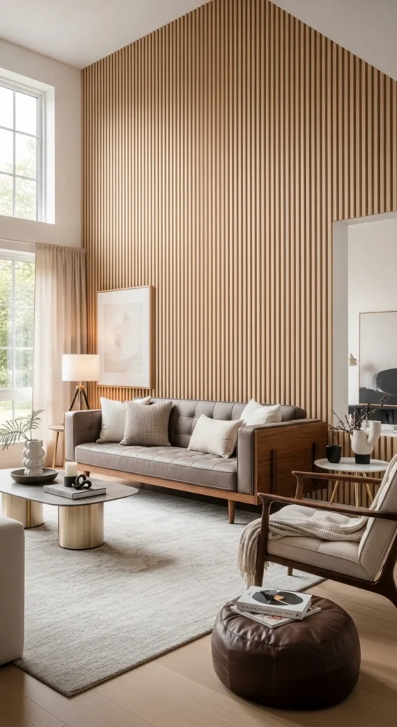 Living room with vertical wood-paneled accent wall