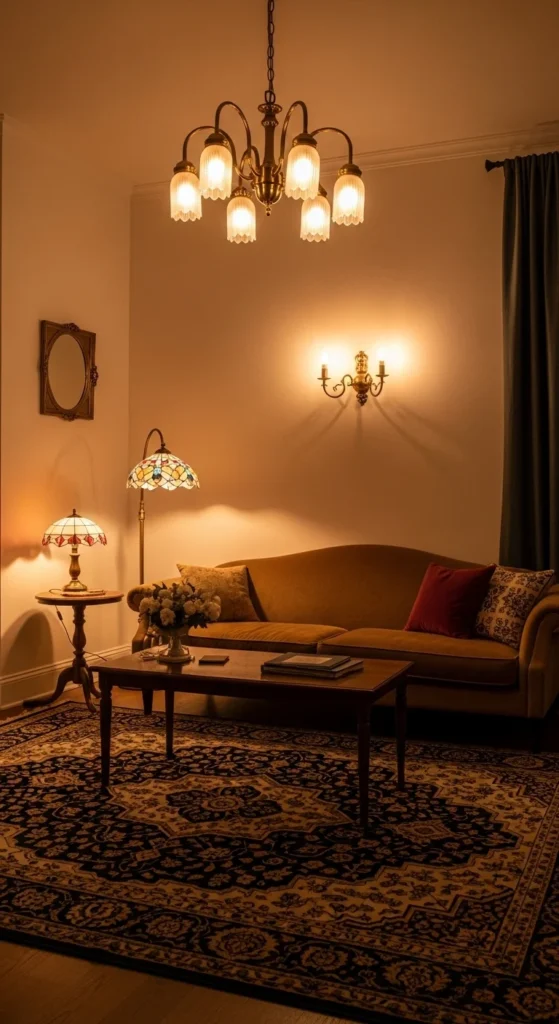 7 Best Vintage Living Room Ideas You Need To Try Living room with vintage chandelier, sconces, and warm lighting
