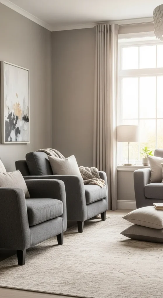 Top 8 Living Room Color Combinations That Inspire Living room with warm taupe walls and charcoal furniture