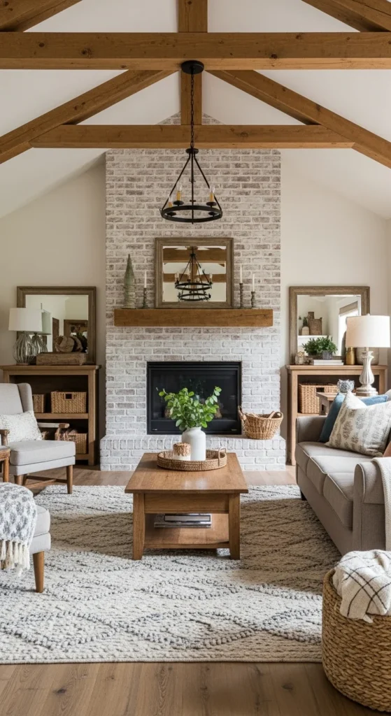 Living room with white brick fireplace accent wall