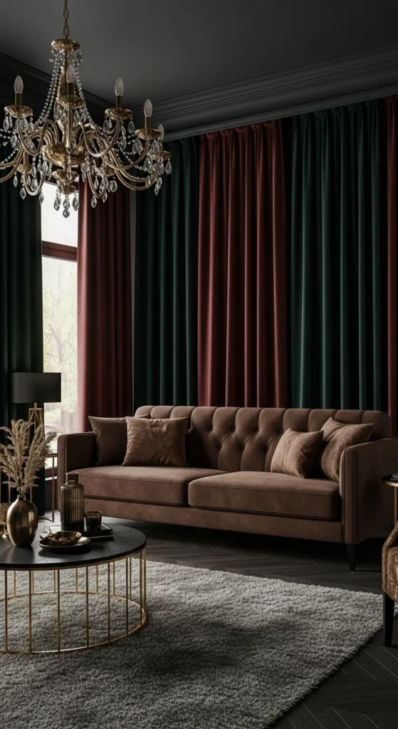 10 Cozy and Stylish Brown Couch Living Room Ideas Luxurious living room with brown couch and gold accents
