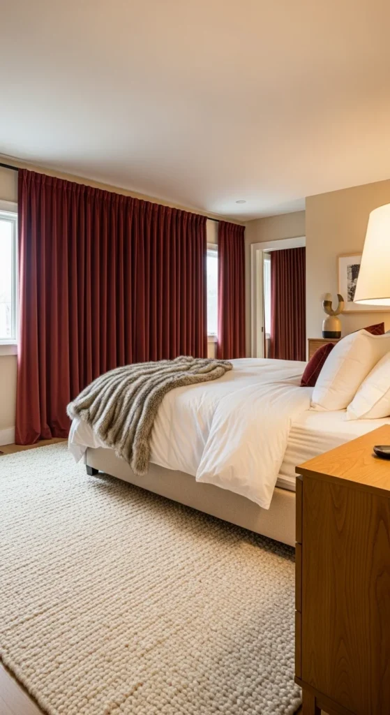 Luxury bedroom with layered textures and soft, cozy materials