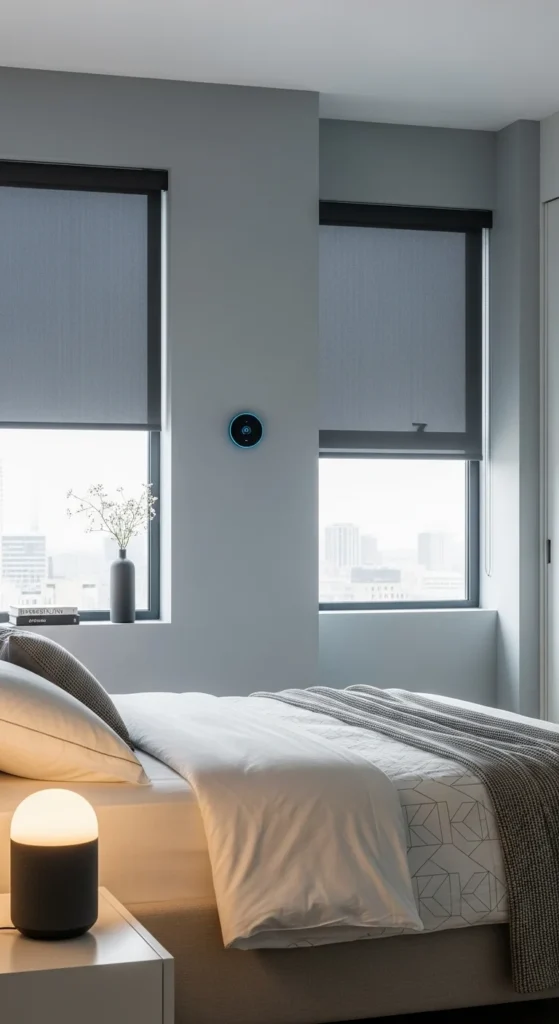 Luxury bedroom with smart lights, blinds, and thermostat