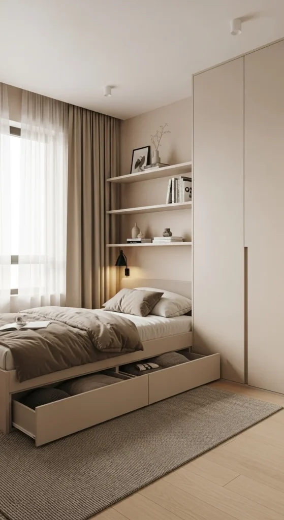 5 Modern Luxury Bedroom Ideas for Small Spaces Luxury small bedroom with under-bed drawers and shelves