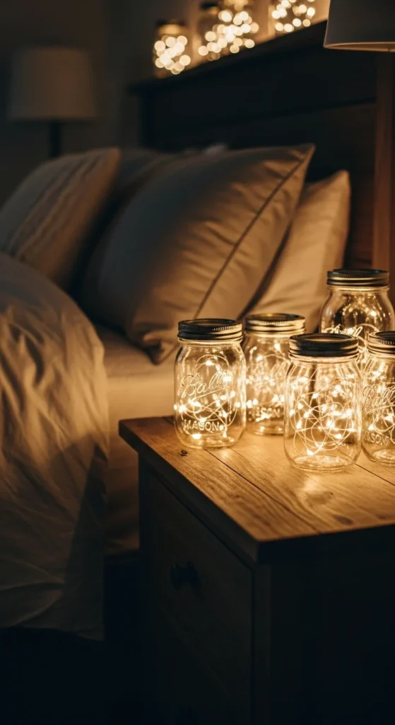 10 Fairy Lights Bedroom Ideas That We Are Loving Mason jars filled with fairy lights on a nightstand for soft glow