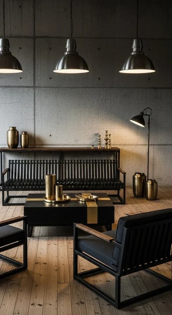 7 Stunning Industrial Living Room Ideas to Try Now Metal lighting and furniture accents in an industrial living room