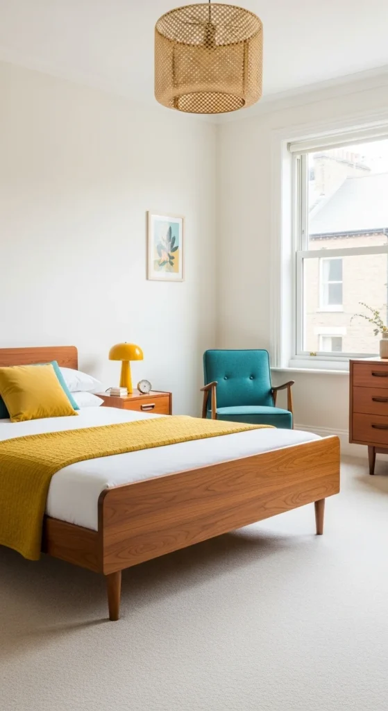 6 Modern Bedroom Ideas to Suit Every Style Mid-century bedroom with retro furniture and bold color accents
