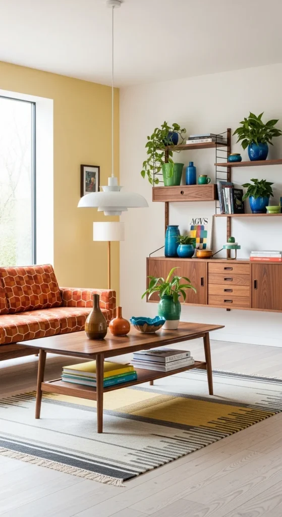 9 Classic Living Room Styles to Inspire Your Home Design Mid-century modern living room with walnut furniture and geometric patterns