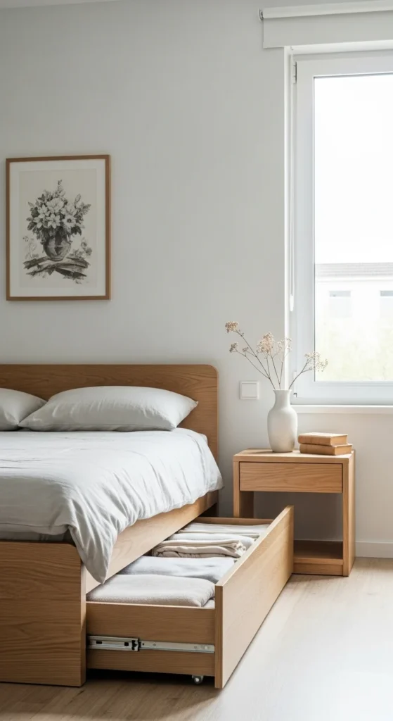 7 Japandi Bedroom Design Tips For A Zen Space Minimal Japandi bedroom with hidden storage and tidy surfaces