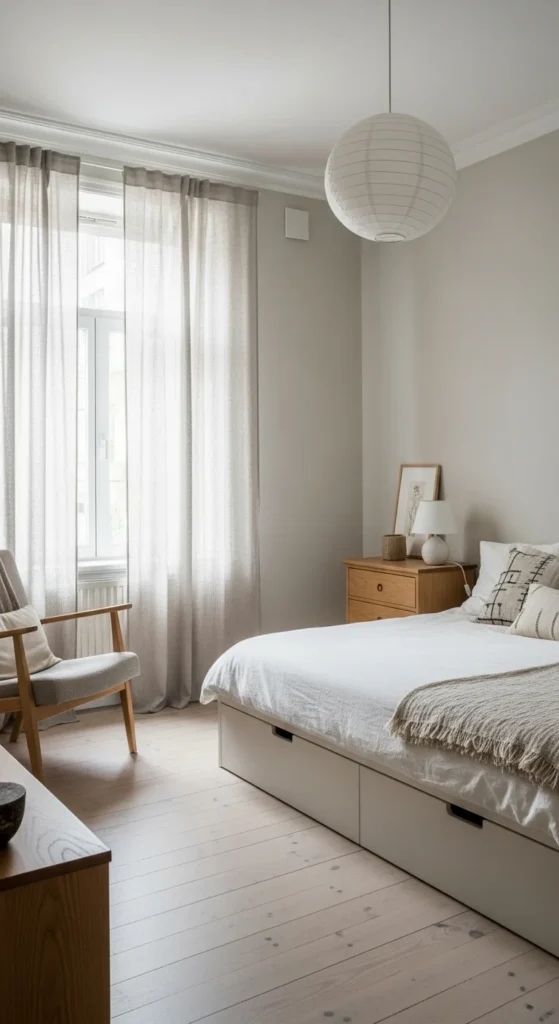 7 Japandi Bedroom Design Tips For A Zen Space Minimalist Japandi bedroom with storage bed and functional furniture