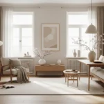 Minimalist Japandi living room with wood furniture and neutral tones