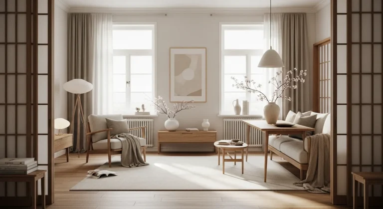 Minimalist Japandi living room with wood furniture and neutral tones