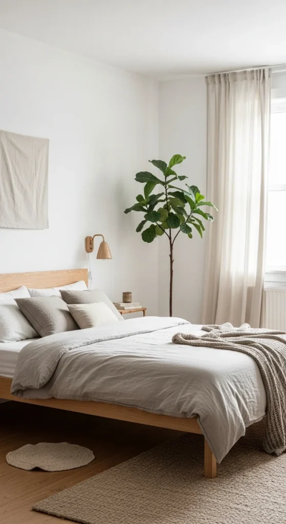 6 Earthy Bedrooms for Cozy Vibes Minimalist bedroom in beige and white with natural accents