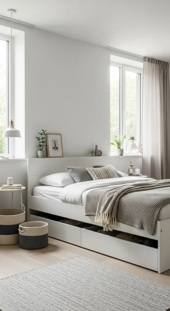 Minimalist bedroom with hidden storage and tidy decor