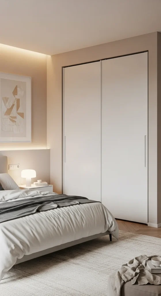 7 Latest Bedroom Cupboard Designs for Smart Storage Minimalist bedroom with sleek white sliding-door cupboard