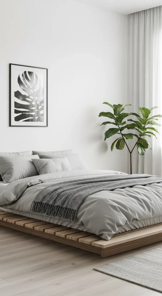 7 Inspirational Aesthetic Bedroom Design Ideas Minimalist bedroom with white walls, wood bed, and gray bedding