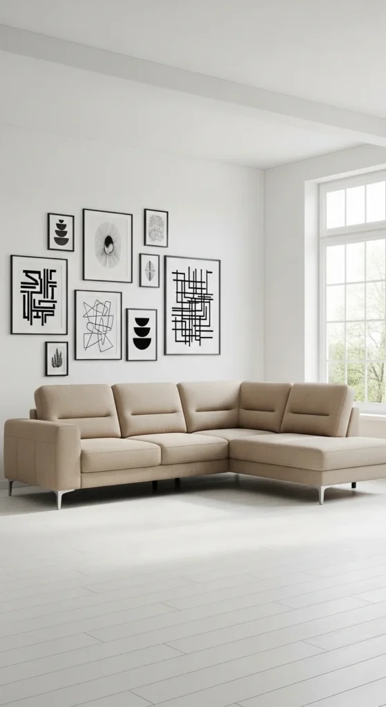 7 L-Shaped Sofa Living Room Designs Minimalist beige L-shaped sofa in a clean and modern living room