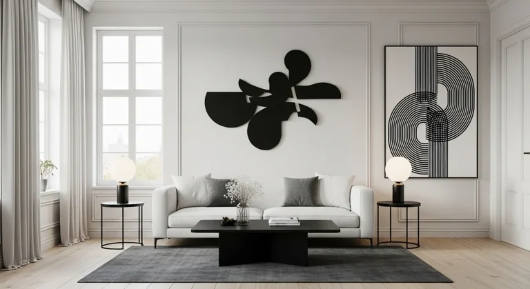 Minimalist black and white living room with modern decor and soft lighting