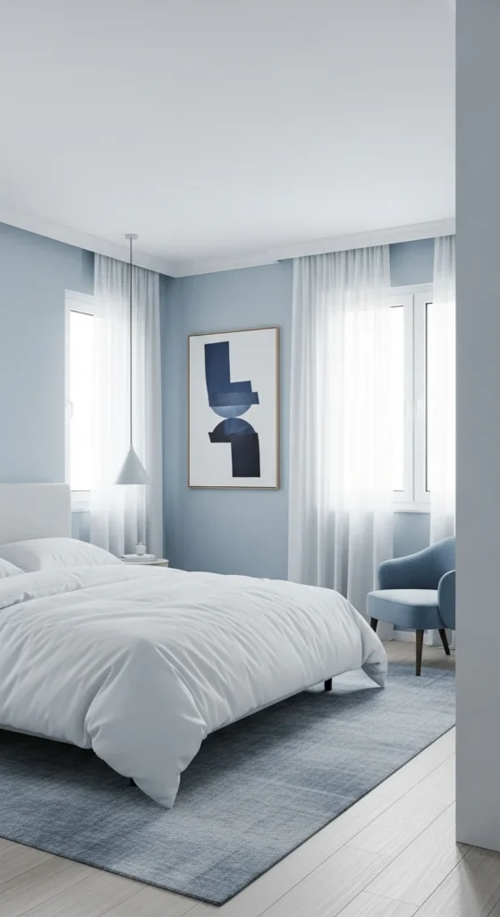 8 Stylish Blue Bedroom Ideas for a Serene Atmosphere Minimalist blue bedroom with simple and functional design