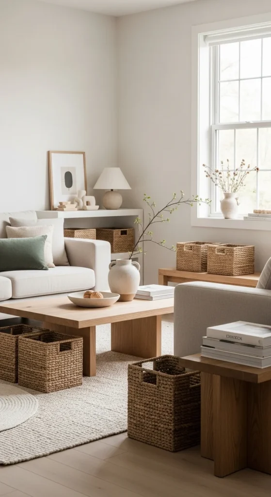 8 Inspiring Earthy Living Room Ideas for a Calm Haven Minimalist earthy living room with natural storage baskets