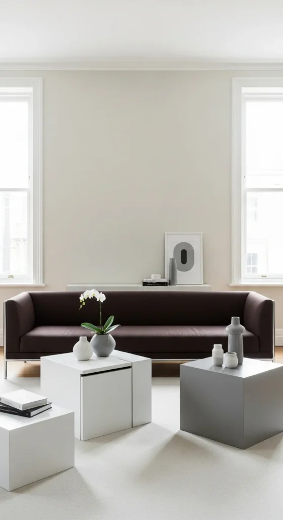 10 Cozy and Stylish Brown Couch Living Room Ideas Minimalist living room with a brown couch and clean lines
