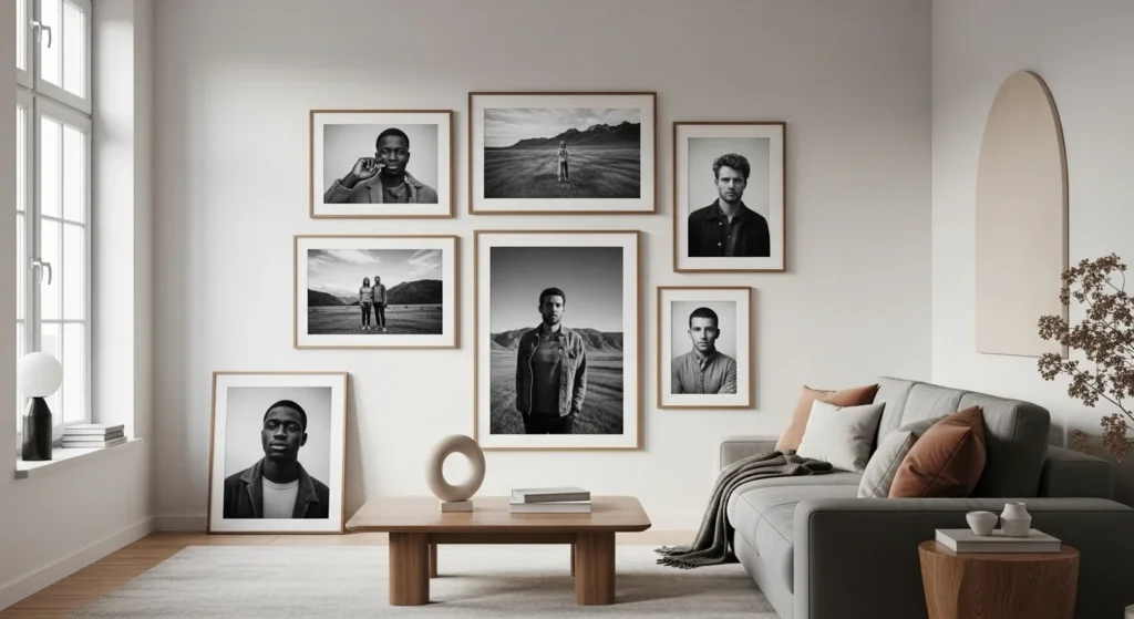 9 Living Room Wall Art Ideas You’ll Love Minimalist living room with a series of black-and-white photo prints