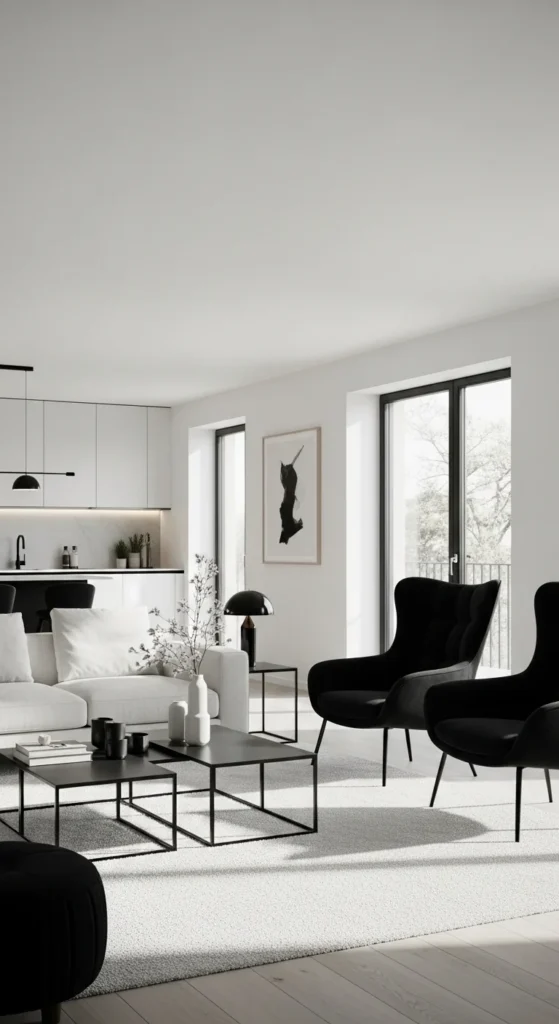 6 Black And White Living Room Ideas You Can’t Go Wrong With Minimalist living room with black chairs and a white sofa in clean design