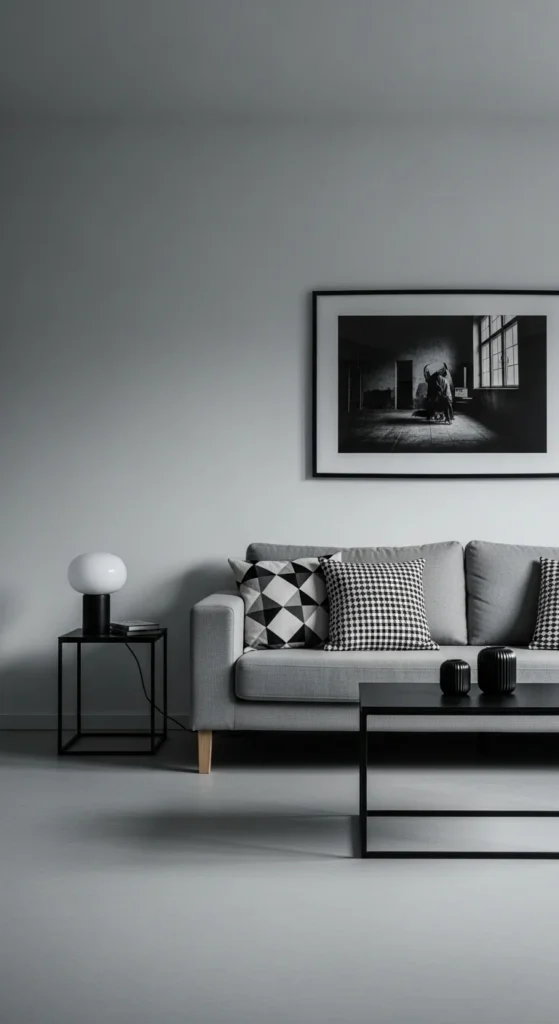 8 Grey Sofa Living Room Ideas to Refresh Your Space Minimalist living room with grey sofa and monochrome decor