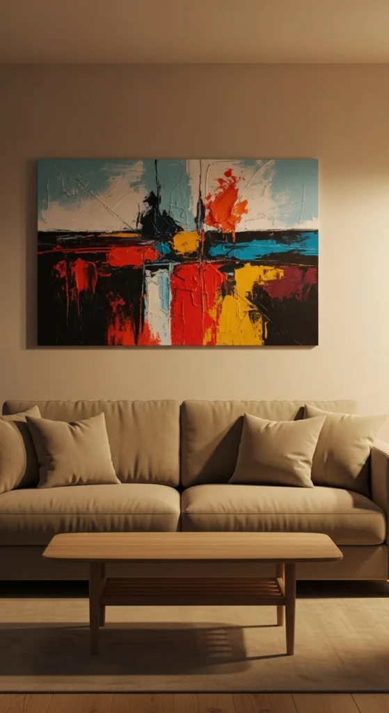 9 Living Room Wall Art Ideas You’ll Love Minimalist living room with large abstract canvas wall art