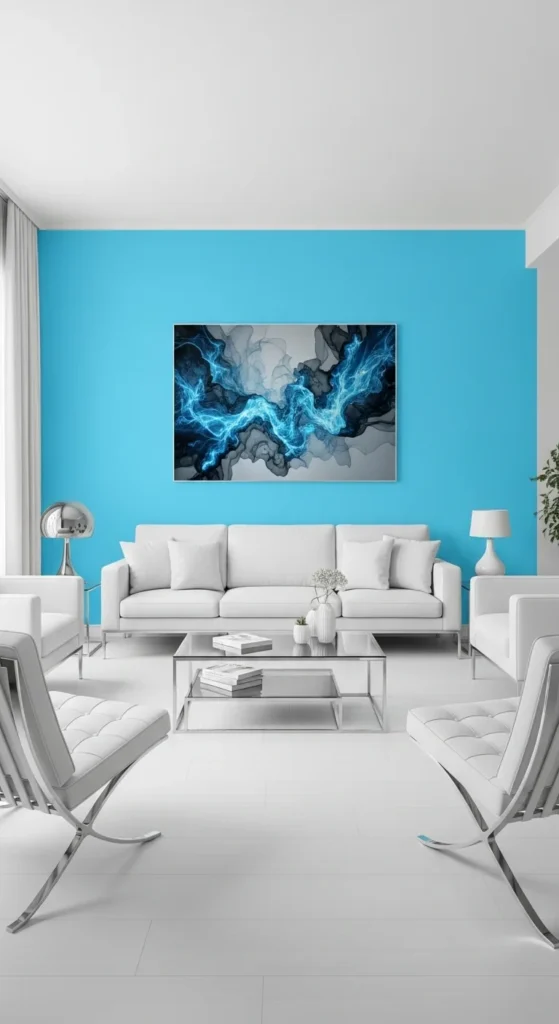 6 Light Blue Living Rooms That Feel Cool & Cozy Minimalist living room with light blue walls and modern furniture