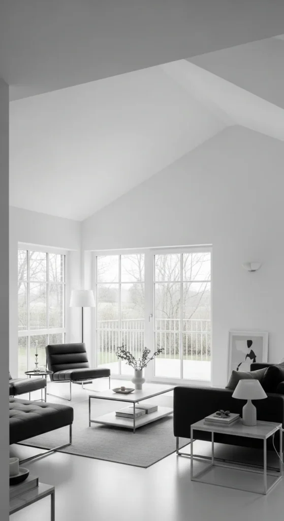 9 Half Vaulted Ceiling Living Room Designs Minimalist living room with white half-vaulted ceiling and large windows