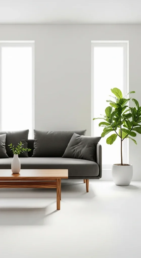 10 Dark Grey Couch Living Room Ideas You’ll Love Minimalist room with dark grey couch and simple decor