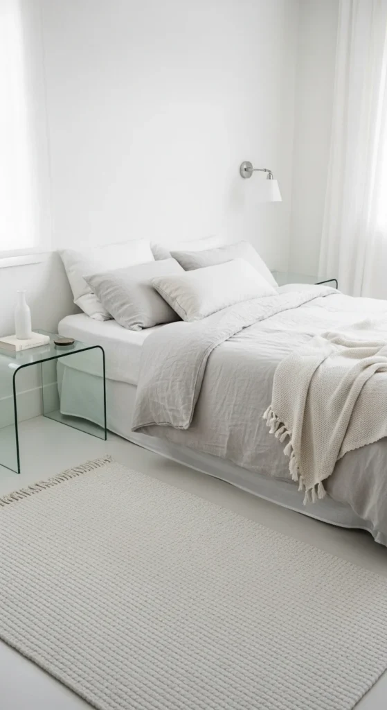6 Neutral Bedroom Ideas to Create a Calm Sanctuary Minimalist white bedroom with textured linens and glass furniture