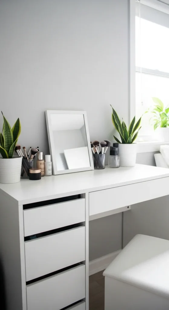 10 Bedroom Vanity Ideas You'll Want to Have Minimalist white vanity with black accents and a small mirror