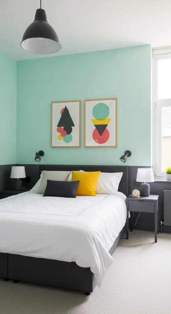 8 Best bedroom color combination ideas for a Dreamy Retreat Mint green bedroom with charcoal bedding and modern accents