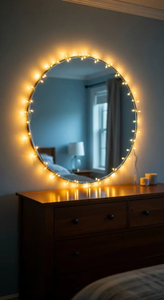 10 Fairy Lights Bedroom Ideas That We Are Loving Mirror decorated with fairy lights to enhance room brightness