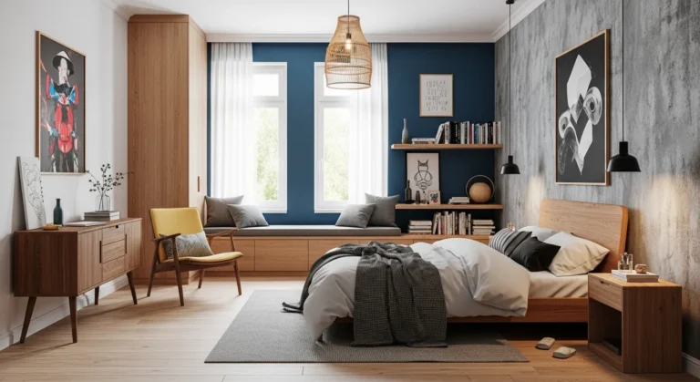 Modern bedroom featuring nature, textures, bold colors, art, and smart lighting