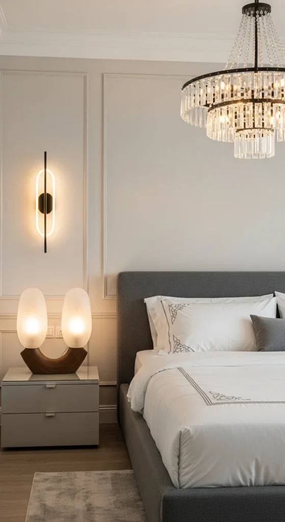 Modern bedroom with a large chandelier and elegant lighting
