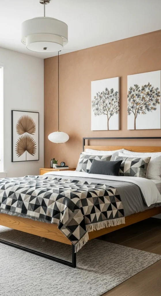 6 Earthy Bedrooms for Cozy Vibes Modern bedroom with geometric earthy decor and warm lighting